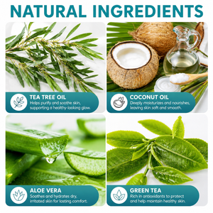 Natural ingredients in ZERVANI Urea Balm — tea tree oil, coconut oil, aloe vera, green tea